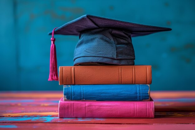 Une pile de livres avec un chapeau de graduation IA générative