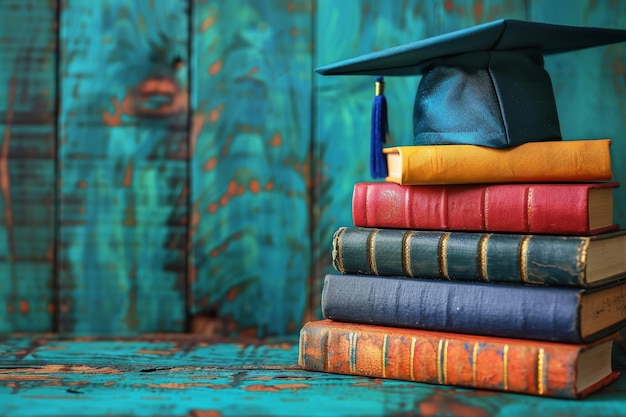 Une pile de livres avec un chapeau de graduation IA générative