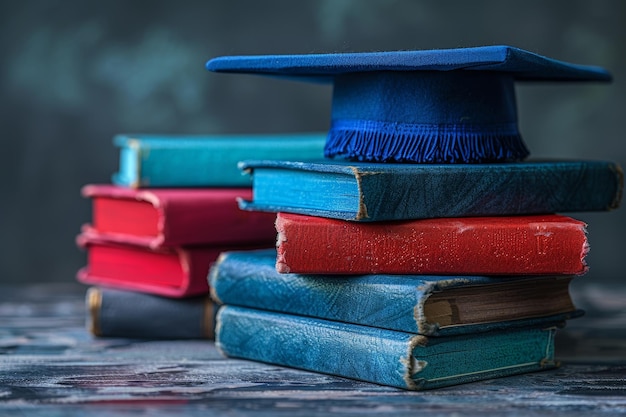 Une pile de livres avec un chapeau de graduation IA générative