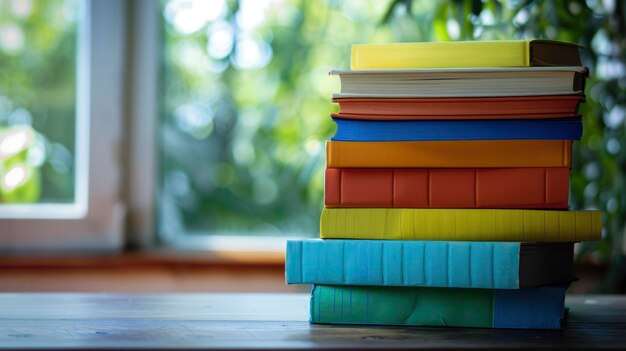 Photo une pile de livres colorés l'un au-dessus de l'autre sur le sol avec un fond de fenêtre en verre flou