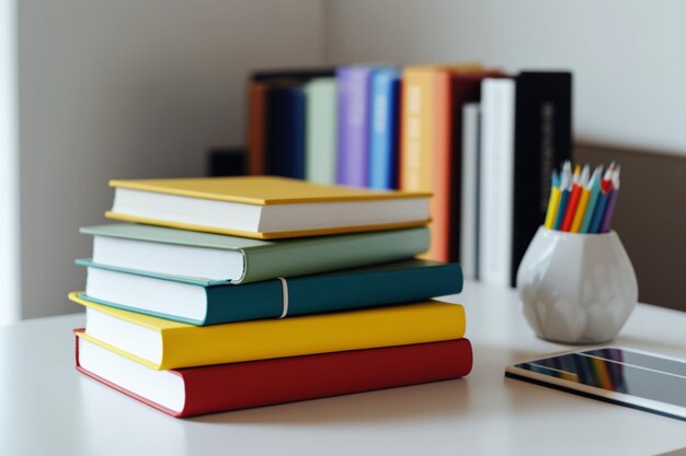 Pile de livres colorés sur une table d'étude