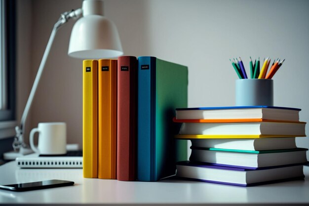 Photo pile de livres colorés sur une table d'étude