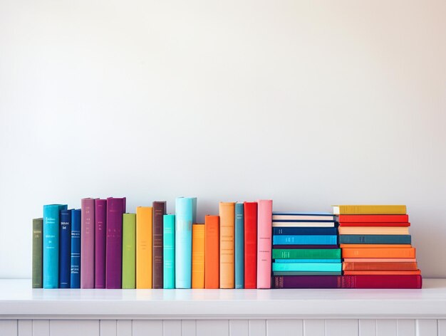 Une pile de livres colorés sur la table.