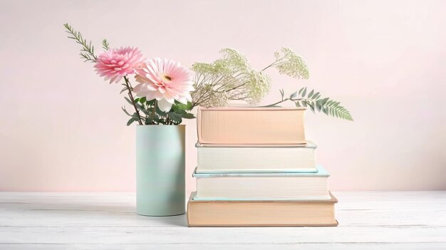 Une pile de livres à côté d'un vase de fleurs