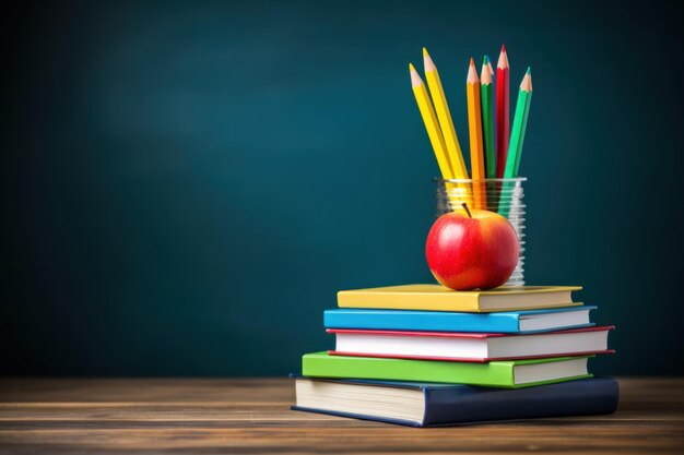 Pile de livres avec crayons et pomme rouge sur la table en bois avec toile de fond de la commission scolaire