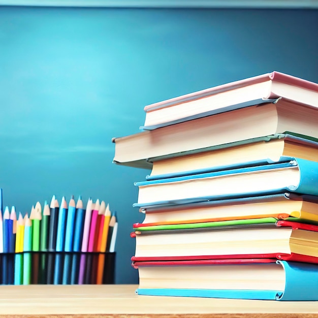 Pile de livres et de crayons sur la table de l'école sur fond de tableau noir bleu