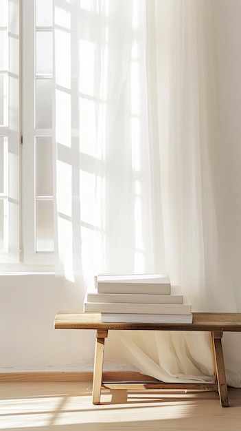 Une pile de livres esthétique et minimaliste devant une fenêtre d'une bibliothèque Couleurs lumineuses IA générative