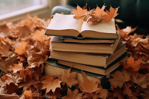 Une pile de livres sur le feuillage d'automne sur fond de lumière du soleil en automne AI