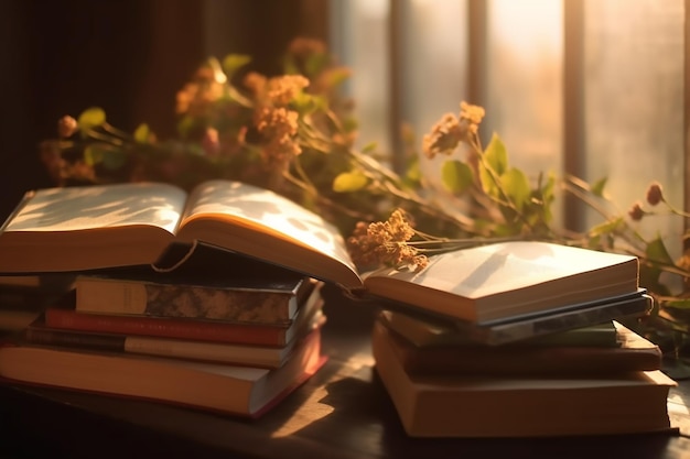 Pile de livres avec une fleur sur le dessus