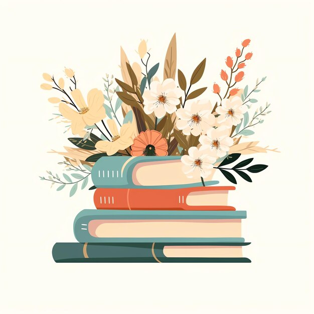 Photo pile de livres avec des fleurs vie simple couleurs esthétiques neutres vecteur plat pour fille esthétique