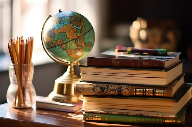 Pile de livres avec un globe sur le dessus