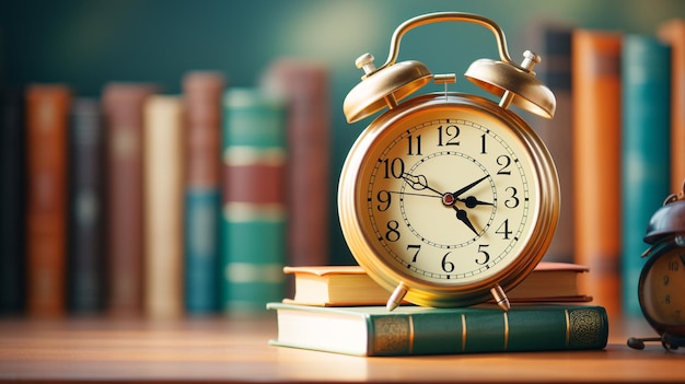 Une pile de livres avec une horloge et une horloge dessus