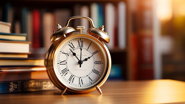 Une pile de livres avec une horloge et une horloge dessus