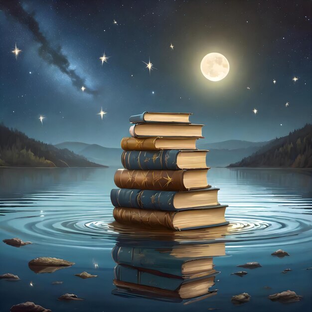 une pile de livres avec la lune en arrière-plan