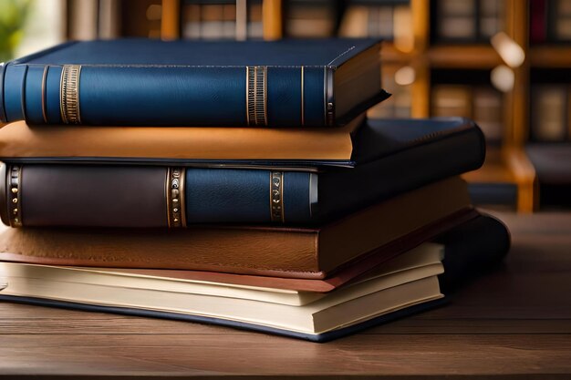 Photo une pile de livres avec le mot bibliothèque en haut