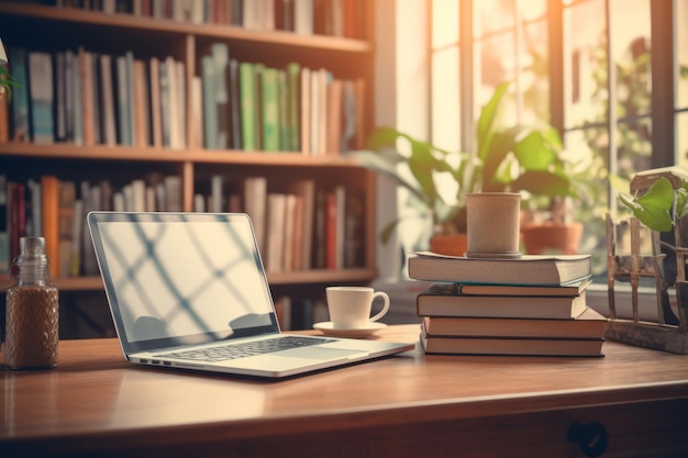 Une pile de livres et un ordinateur portable dans la bibliothèque avec un arrière-plan flou de l'étagère Éducation concept IA générative