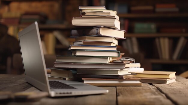 Une pile de livres avec un ordinateur portable sur une table en bois