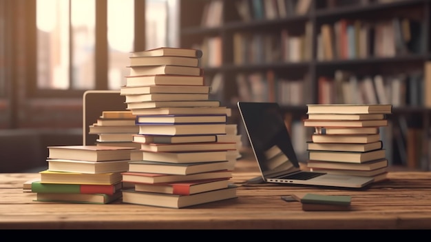 Une pile de livres avec un ordinateur portable sur une table en bois