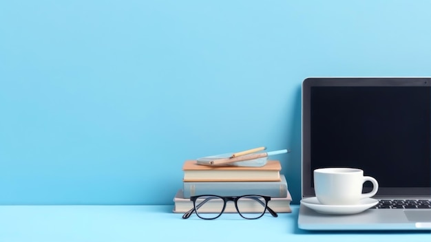 Une pile de livres, un ordinateur portable, une tasse de café et une pile de livres sur une table bleue.