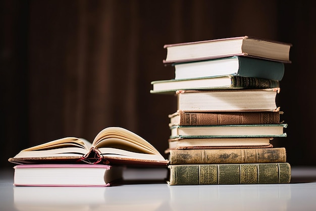 Une pile de livres avec un ouvert et un ouvert sur le dessus.