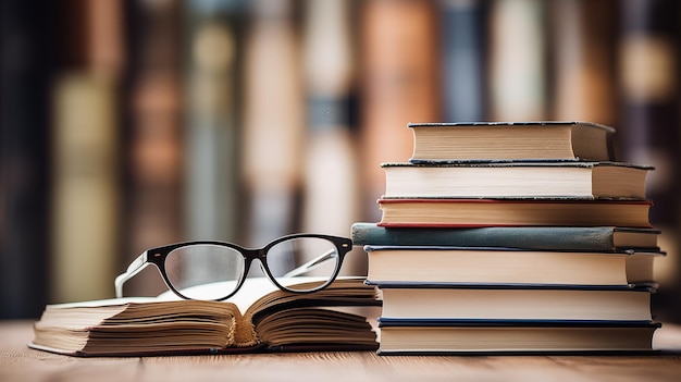 Une pile de livres et une paire de lunettes Arrière-plan flou