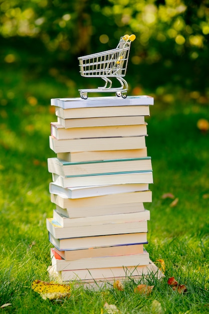 Pile de livres et panier sur l'herbe verte à l'automne