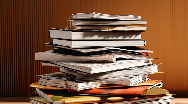 Pile de livres et de paperasse ou de documents inachevés sur fond rayé marron AI générative
