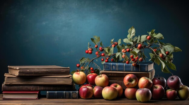 pile de livres de papeterie et de pommes sur une table en bois avec un fond minimaliste