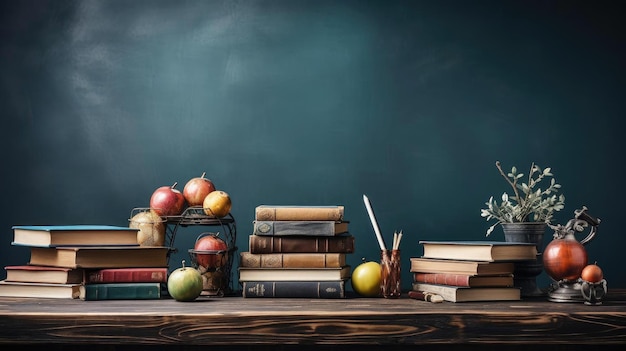 pile de livres de papeterie et de pommes sur une table en bois avec un fond minimaliste