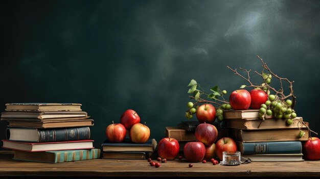 pile de livres de papeterie et de pommes sur une table en bois avec un fond minimaliste