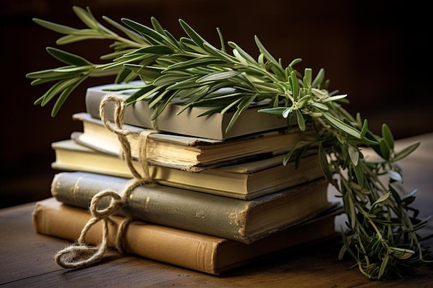 une pile de livres avec une plante verte dessus.