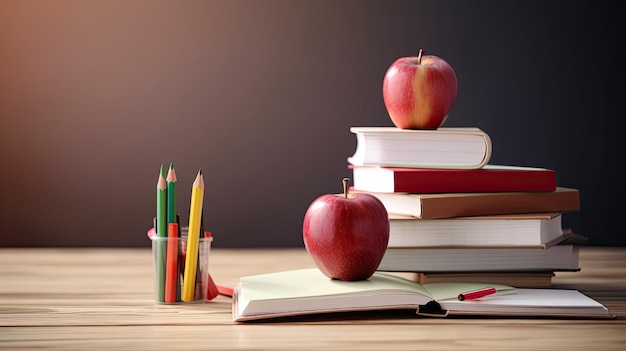 Une pile de livres avec une pomme rouge dessus.