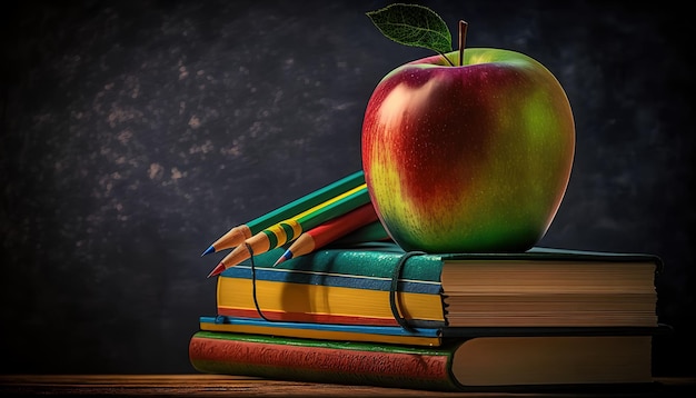 Une pile de livres avec une pomme rouge dessus.