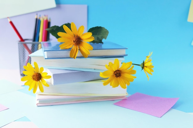 Une pile de livres avec des signets de fleurs de camomille fraîches, le concept d'éducation