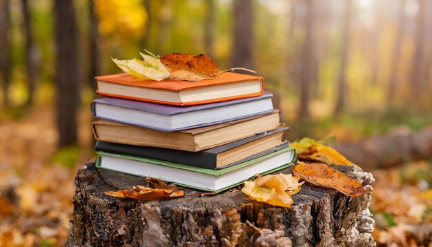 Photo pile de livres sur une souche dans la forêt arrière-plan naturel de l'automne concept éducatif