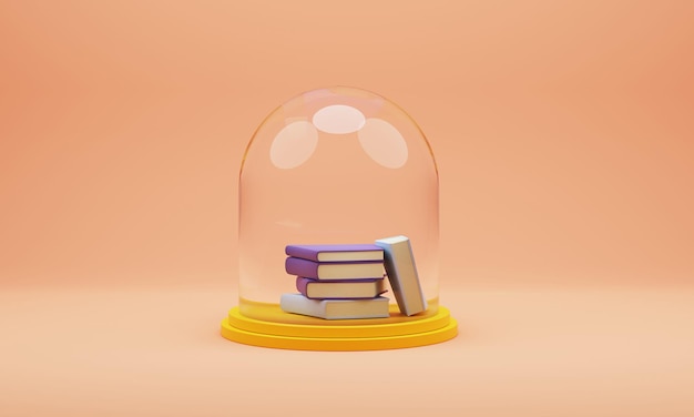 pile de livres sous bocal en verre sur socle rendu 3d