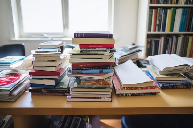 Pile de livres sur la table de la bibliothèque Concept éducatif