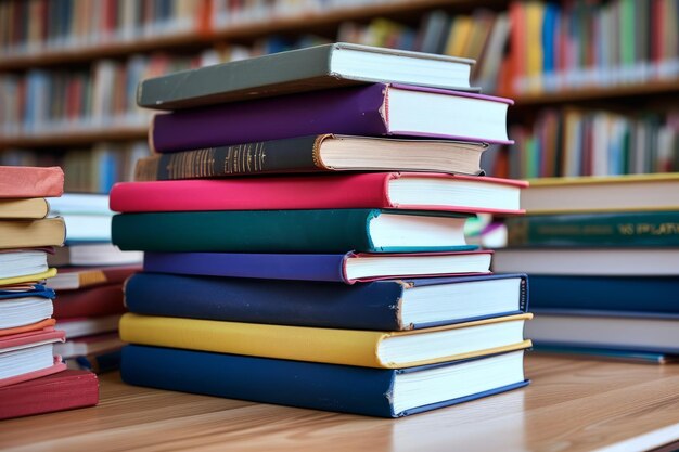 Une pile de livres sur une table de bibliothèque avec des étagères floues en arrière-plan