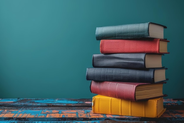 Une pile de livres sur une table en bois