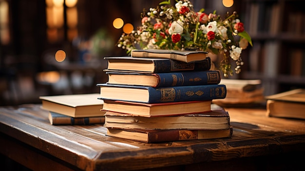 Photo une pile de livres sur une table en bois.