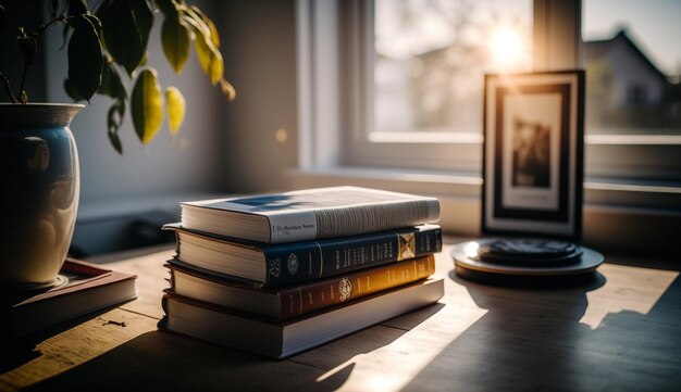 Photo une pile de livres sur une table en bois.