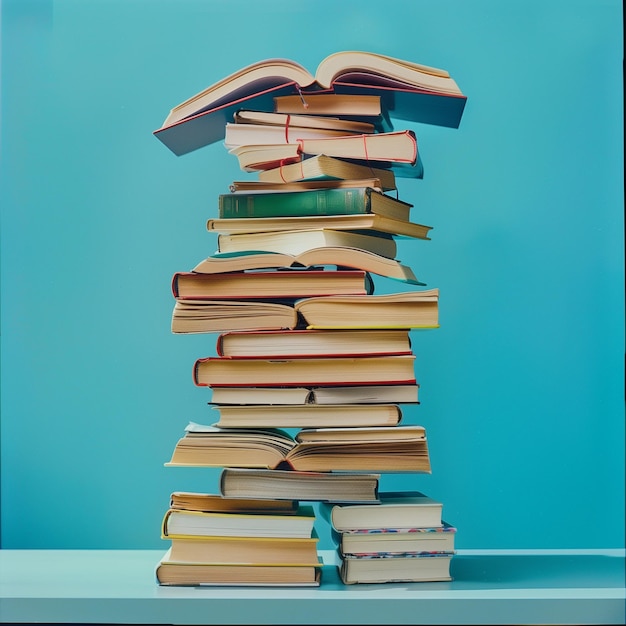 Une pile de livres sur une table en bois.