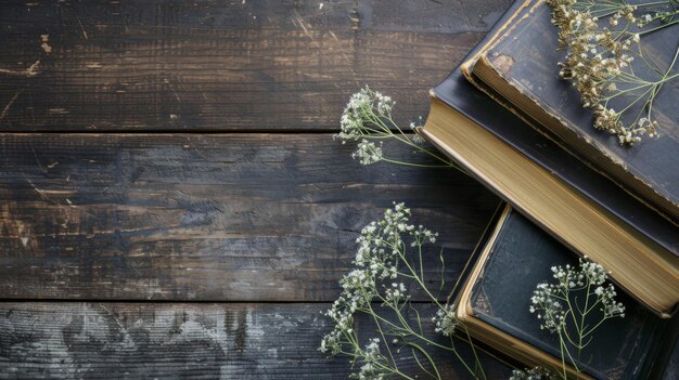 Une pile de livres sur une table en bois