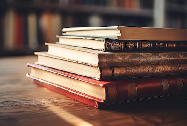 une pile de livres sur une table dans le style de brun clair et rouge