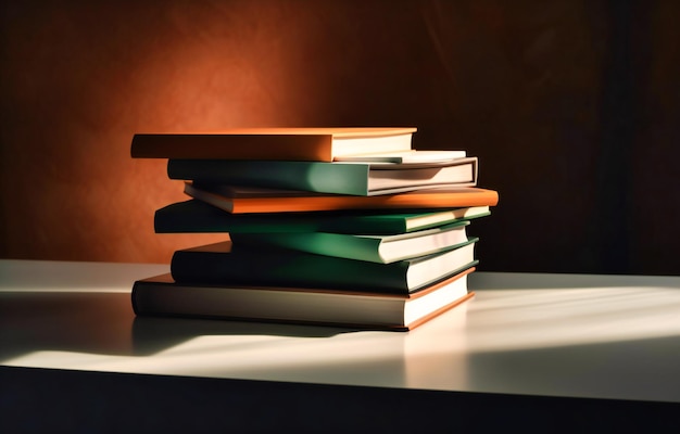 une pile de livres sur une table avec un fond blanc