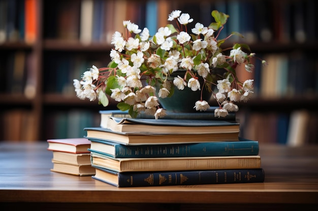 pile de livres sur la table supérieure dans la photographie publicitaire professionnelle de la bibliothèque