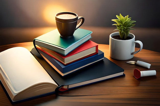 Une pile de livres avec une tasse de café dessus