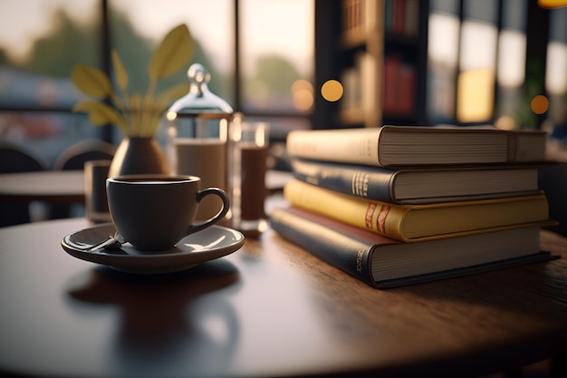 Une pile de livres avec une tasse de café sur la table