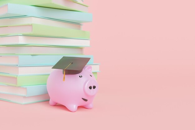 Pile de livres et tirelire en chapeau de graduation