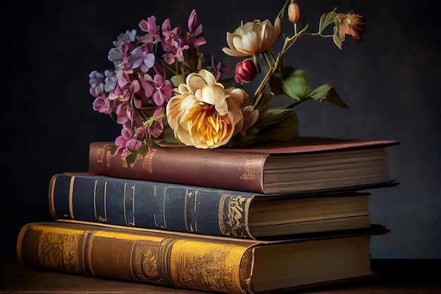 Pile de livres vintage et un bouquet de belles fleurs Generative Ai